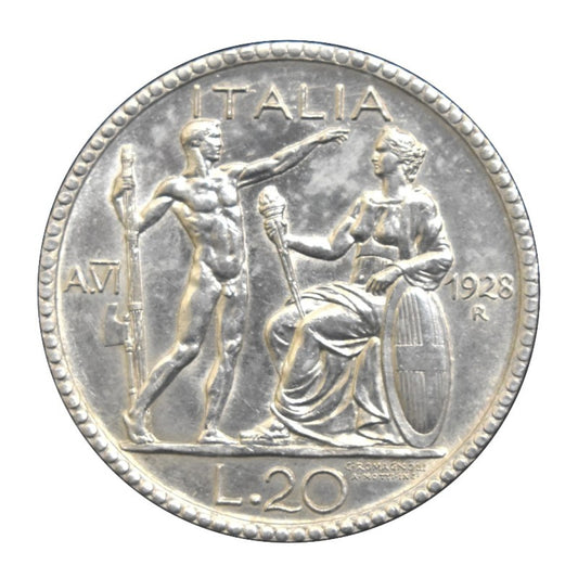 ITALY, 20 Lire 1928 R, XF-AU
